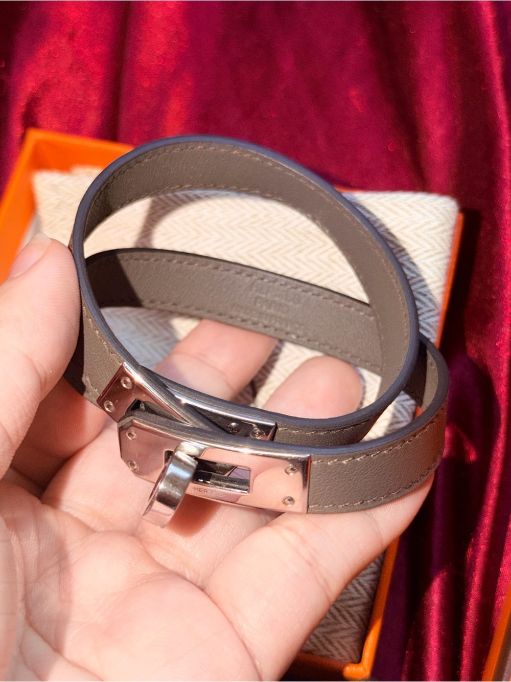 Hermès Double Kelly Leather Bracelet with Palladium Accent